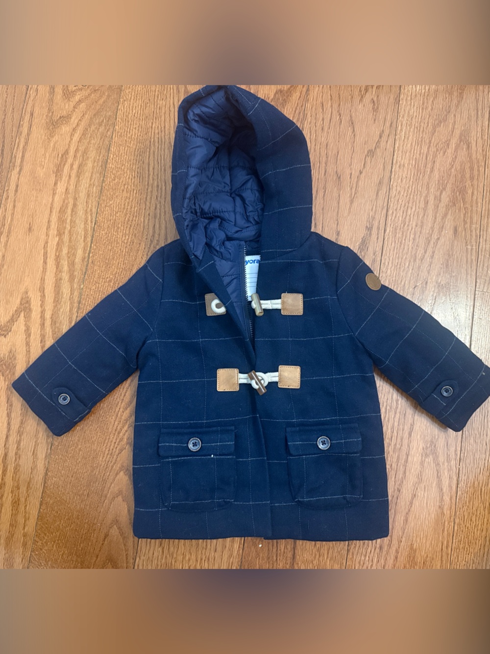 Mayoral Navy Hooded Toggle Pea Coat with Tan Accents